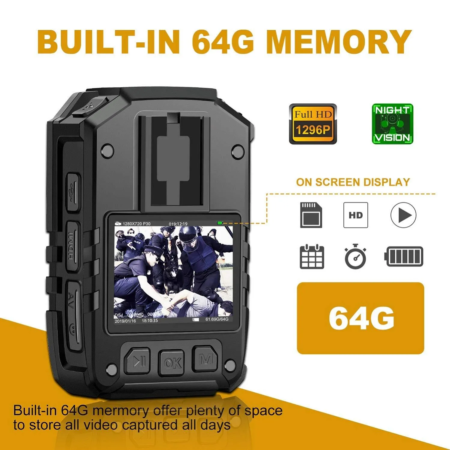 1296P HD Police Body Camera,64G Memory,CammPro Premium Portable Body Camera,Waterproof Body-Worn Camera with 2 Inch Display,Night Vision,GPS for Law Enforcement Recorder,Security Guards,Personal Use