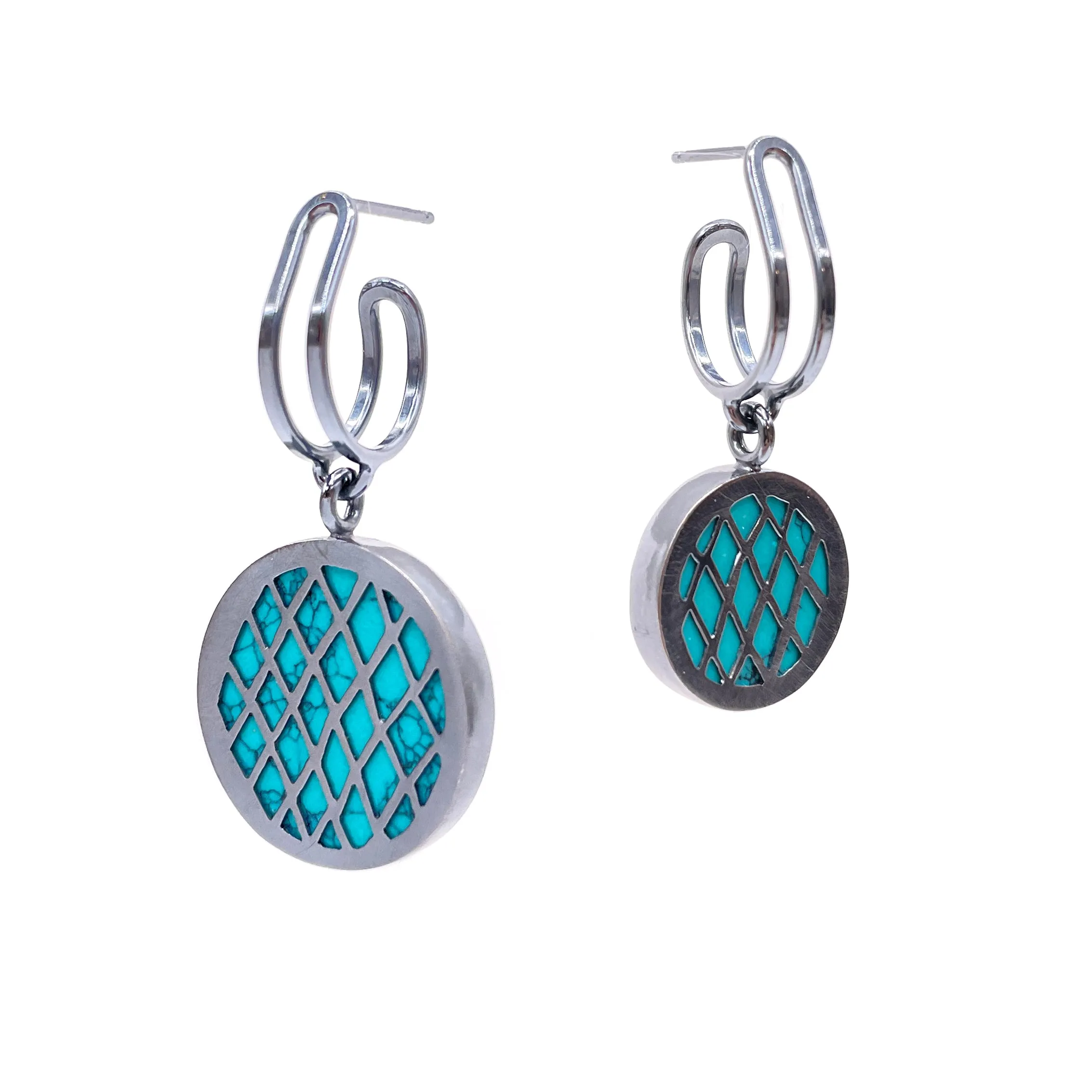 Bent Link Turquoise Grid Hoops