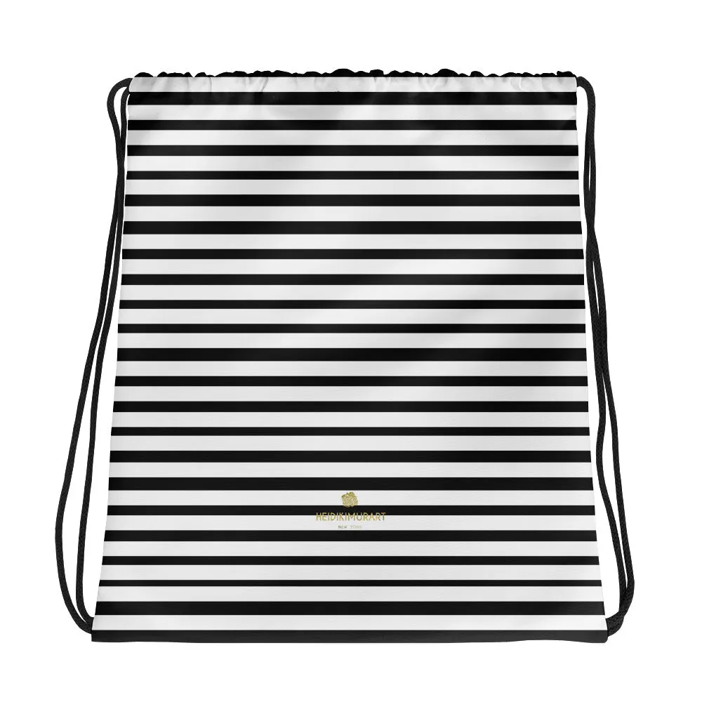 Black Striped Drawstring Bag, White Modern Stripe 15”x17” Drawstring Bag- Made in USA/EU