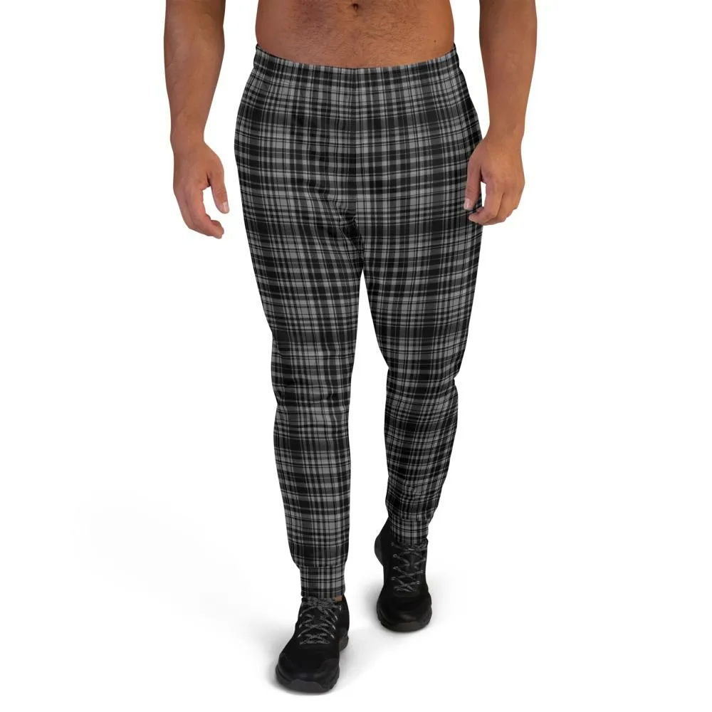 Black Tartan Plaid Men's Joggers, Best Premium Men's Sweatpants Pants- Made in EU