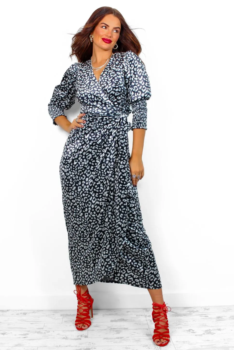 Drive Em Wild - Black Silver Leopard Velvet Midi Wrap Dress