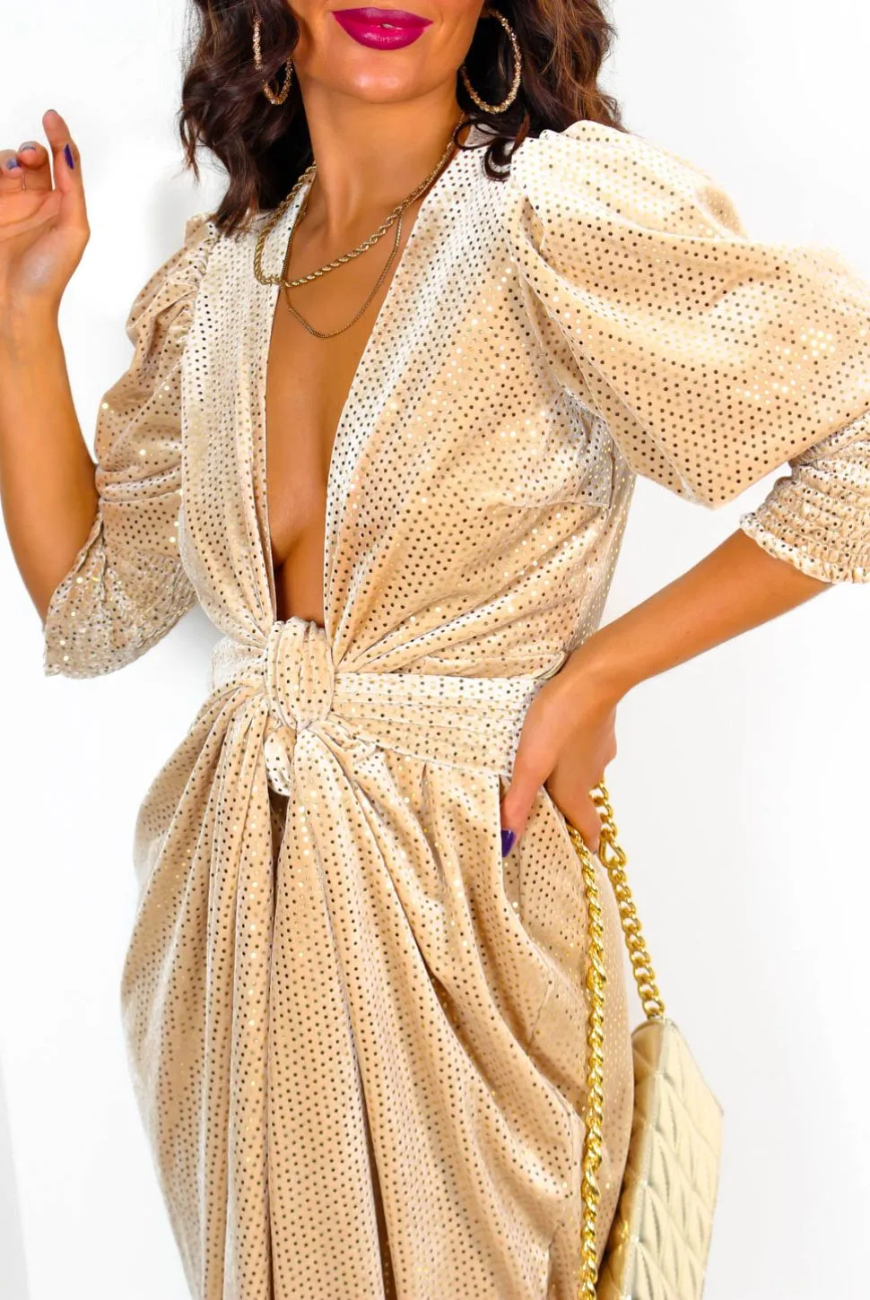 Drive Em Wild - Champagne Velvet Gold Sequin Midi Wrap Dress