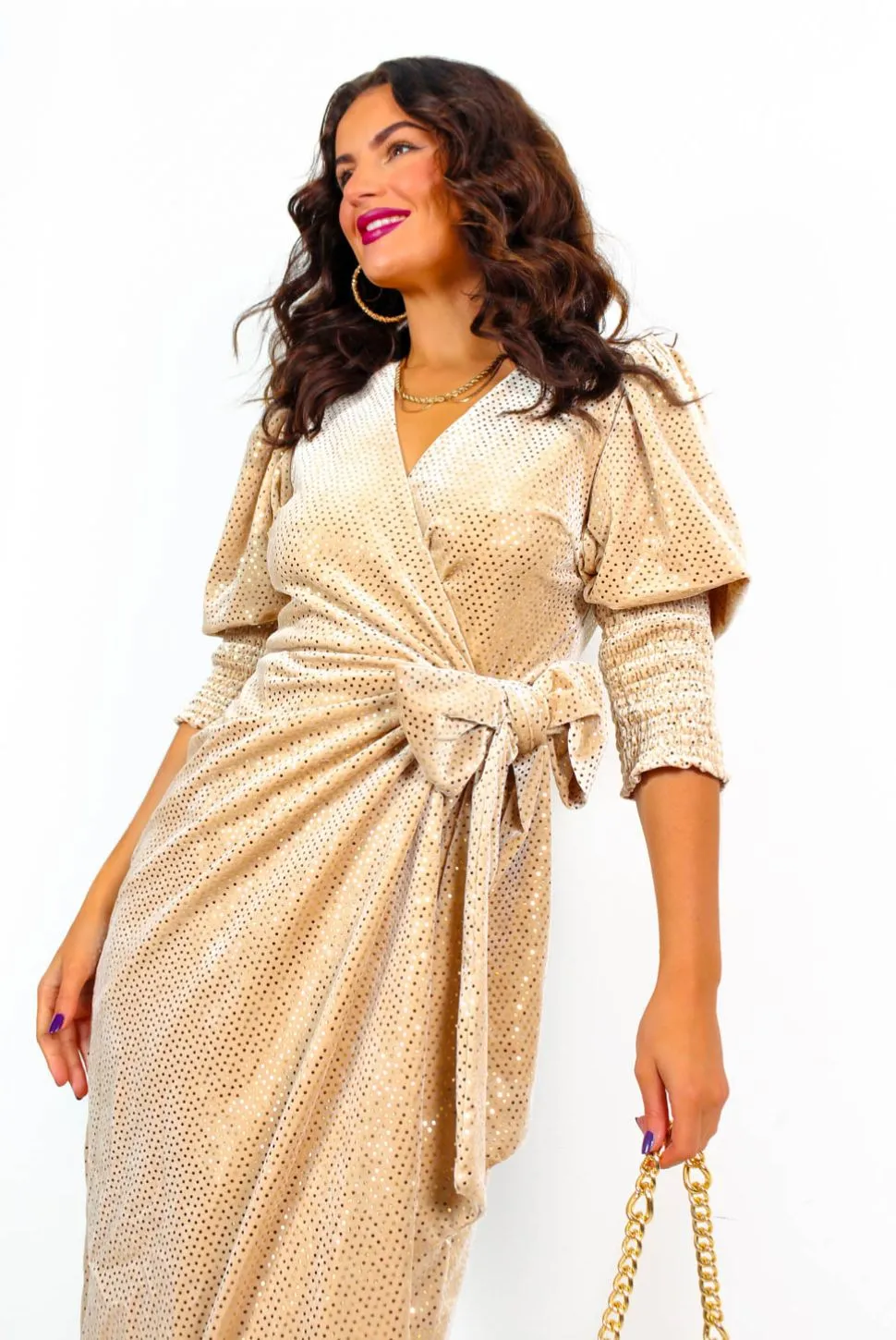 Drive Em Wild - Champagne Velvet Gold Sequin Midi Wrap Dress