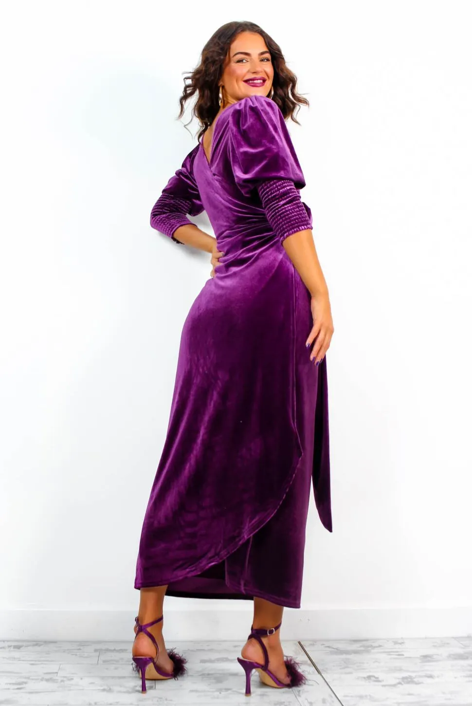 Drive Em Wild - Purple Velvet Midi Wrap Dress