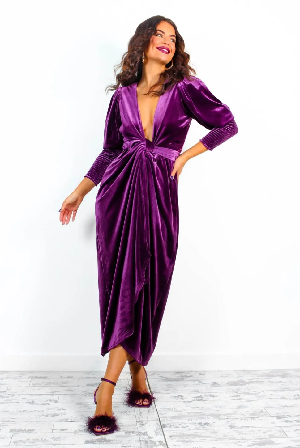 Drive Em Wild - Purple Velvet Midi Wrap Dress