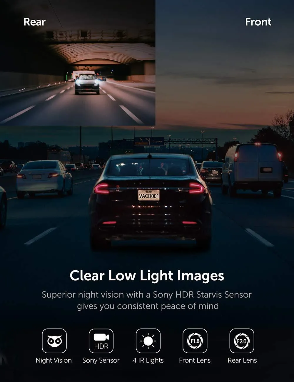 Dual Dash Cam, VAVA Dual 1920x1080P FHD Front and Rear Dash Camera (2560x1440P Single Front) for Cars with Wi-Fi, Night Vision, Parking Mode, G-Sensor, WDR, Loop Recording