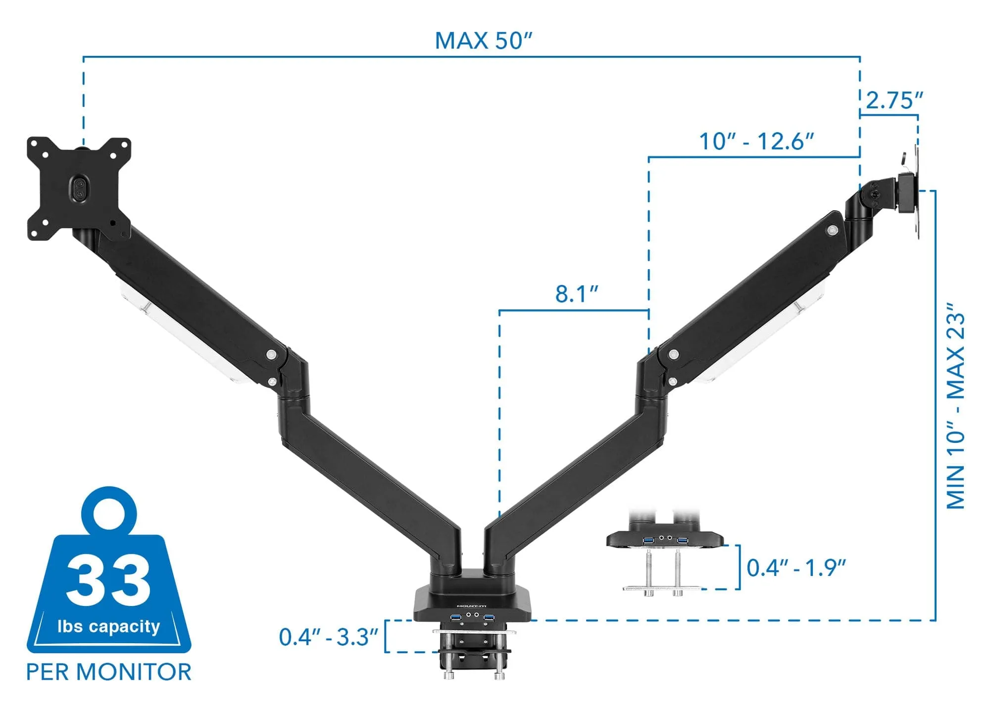 Dual Monitor Desk Mount w/ USB & Multimedia Ports