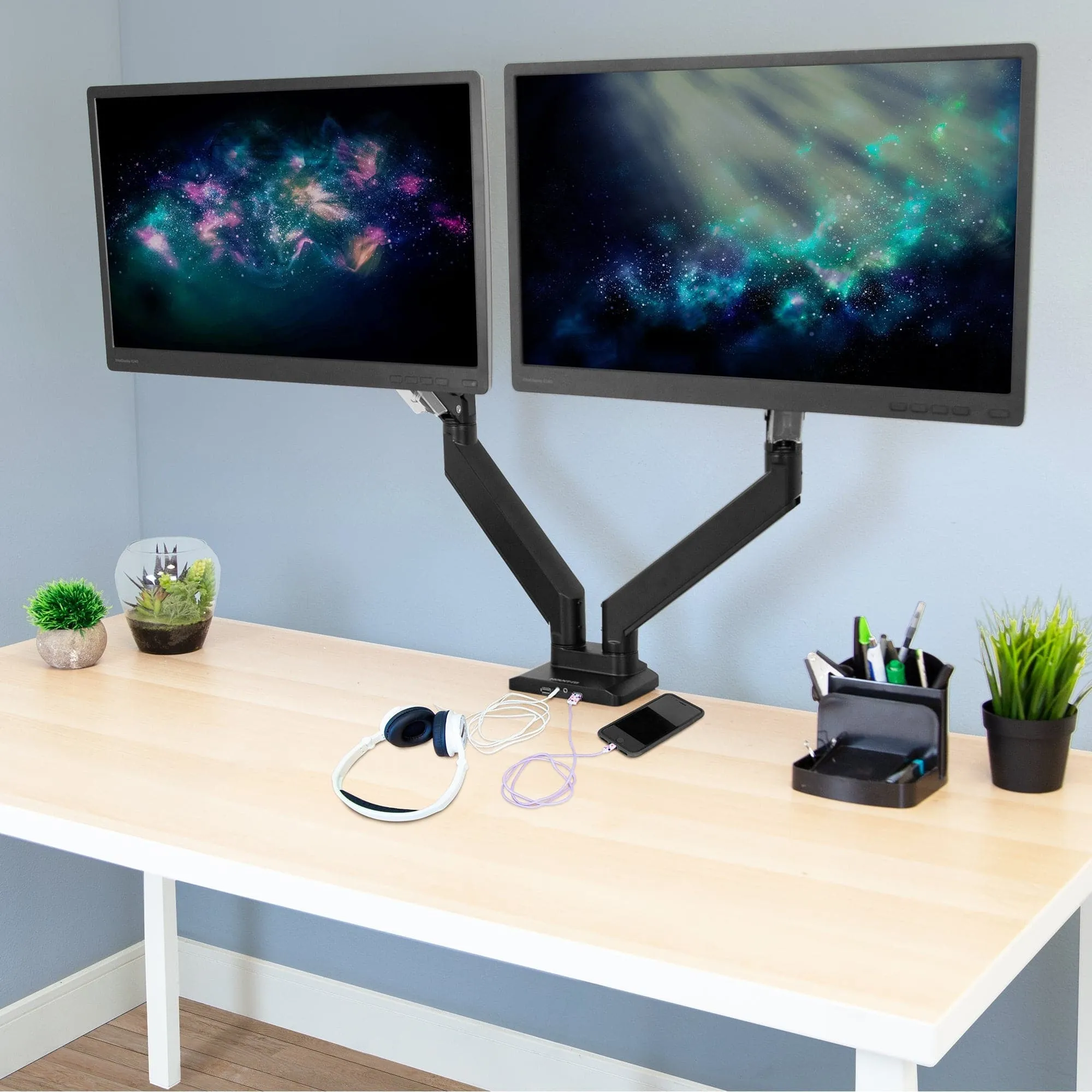 Dual Monitor Desk Mount w/ USB & Multimedia Ports