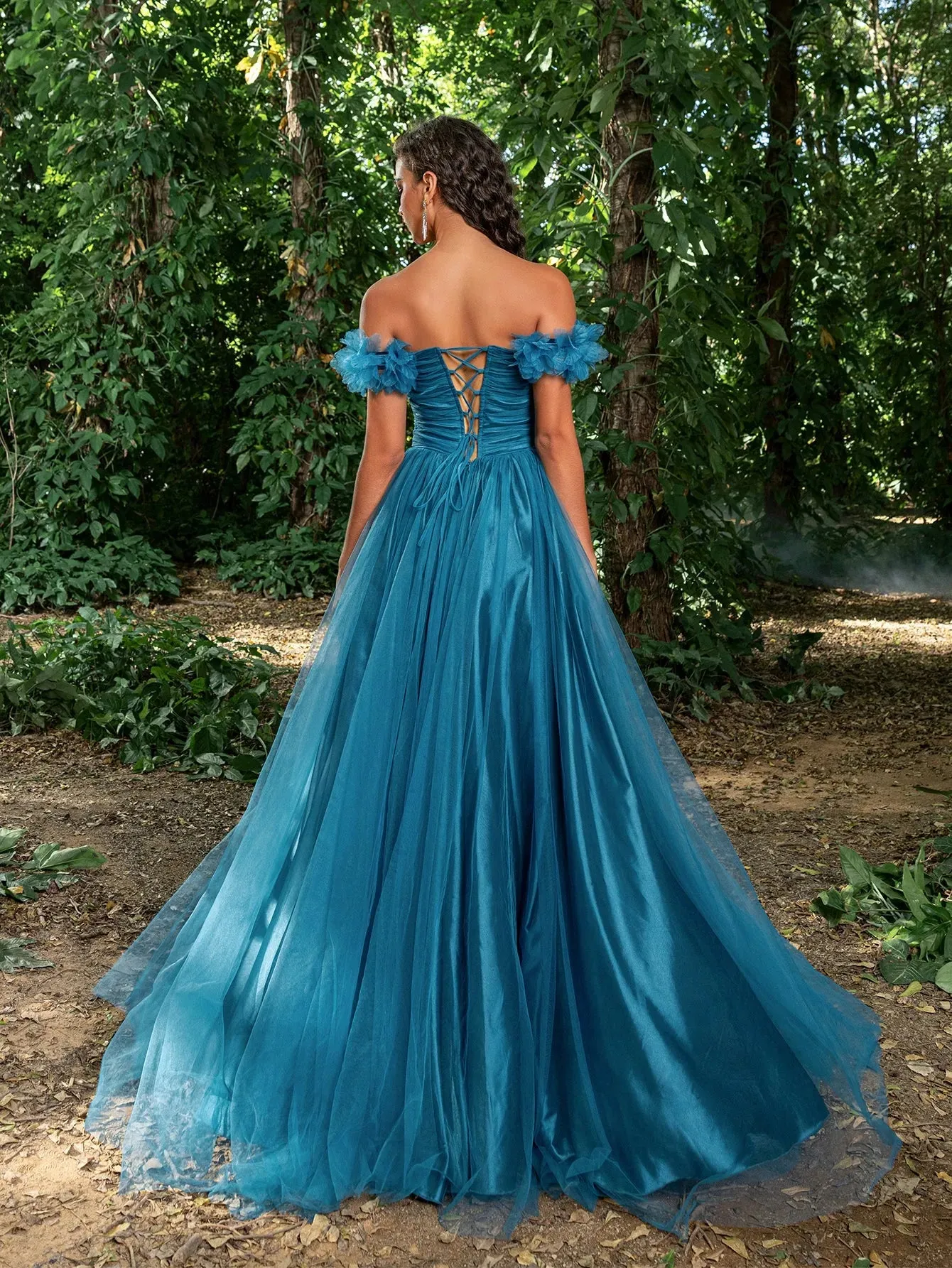 Elegant Off Shoulder Ruched Bust Split Thigh Tulle Prom Dress