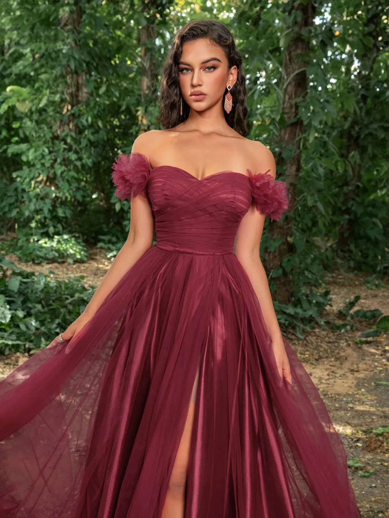 Elegant Off Shoulder Ruched Bust Split Thigh Tulle Prom Dress