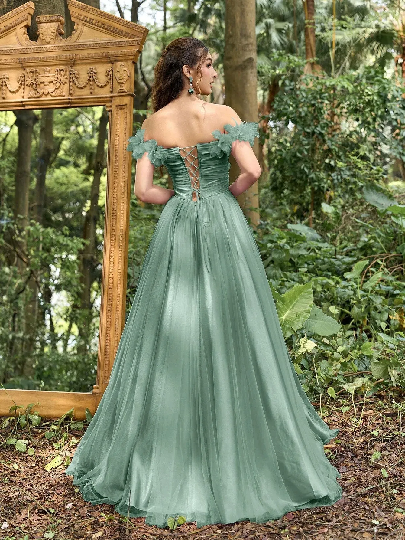 Elegant Off Shoulder Ruched Bust Split Thigh Tulle Prom Dress