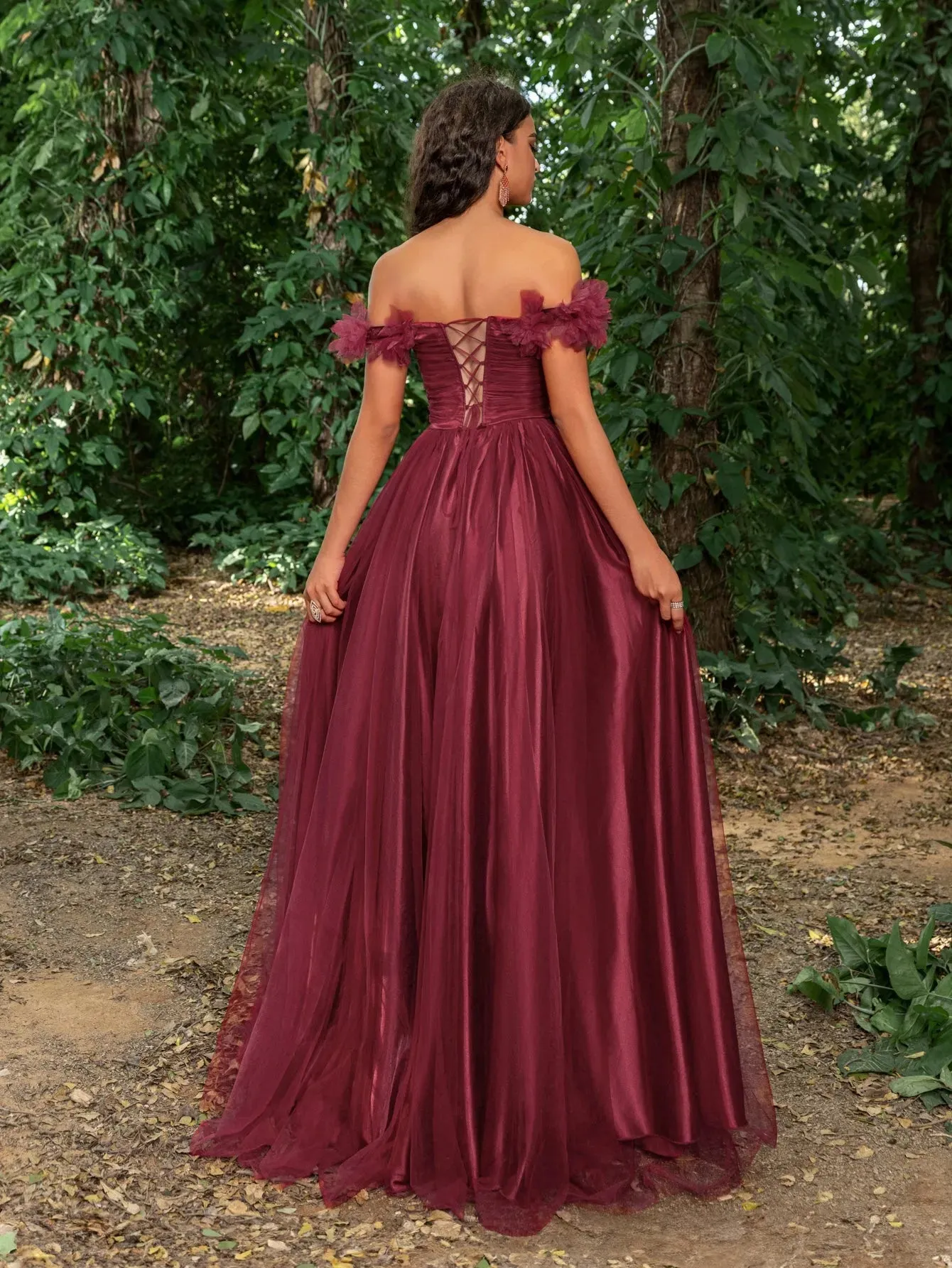 Elegant Off Shoulder Ruched Bust Split Thigh Tulle Prom Dress