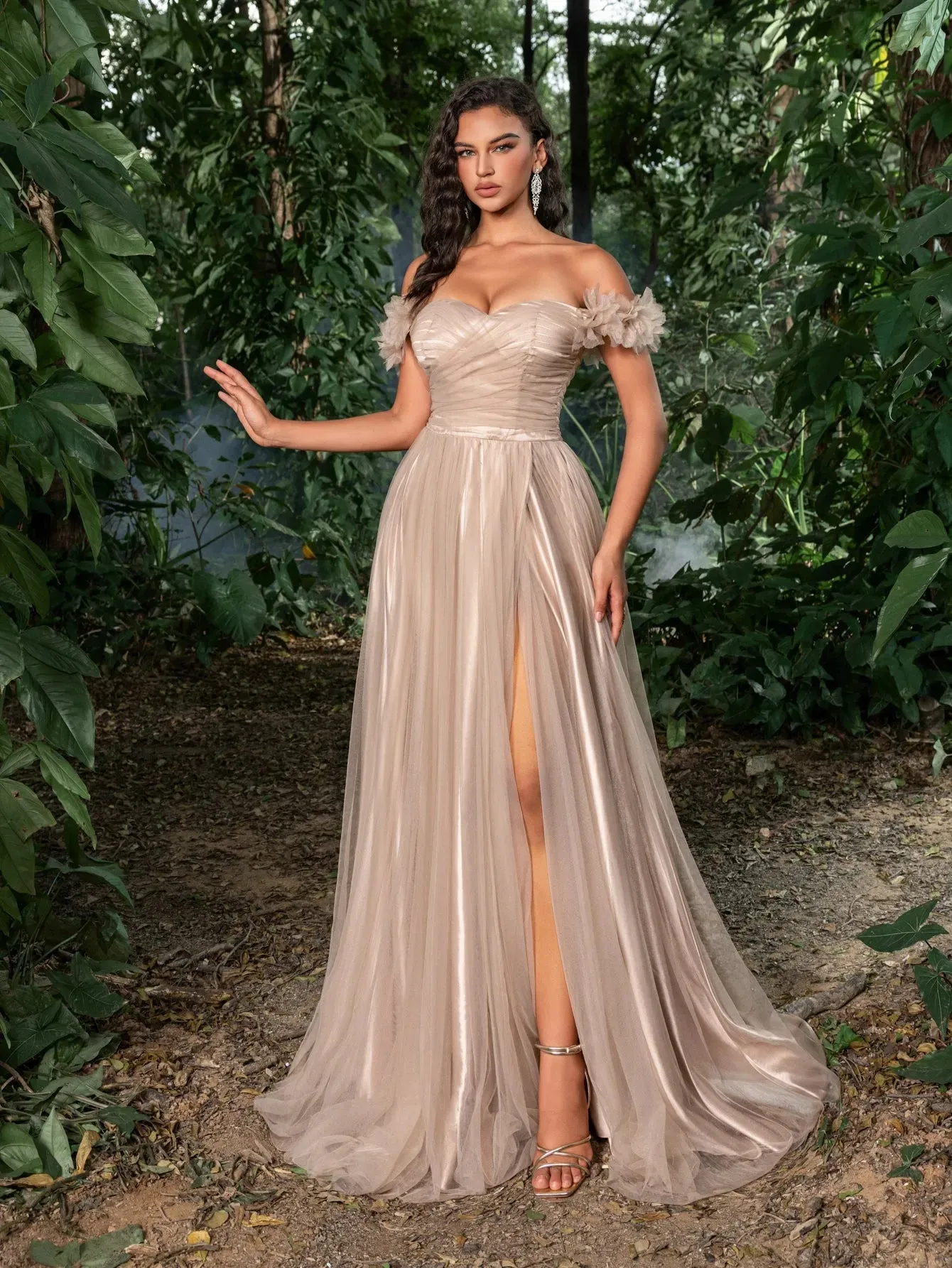 Elegant Off Shoulder Ruched Bust Split Thigh Tulle Prom Dress