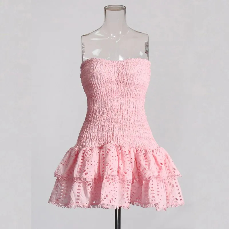 Eyelet Broderie Anglaise Shirred Bandeau Layered Ruffle Short Dress