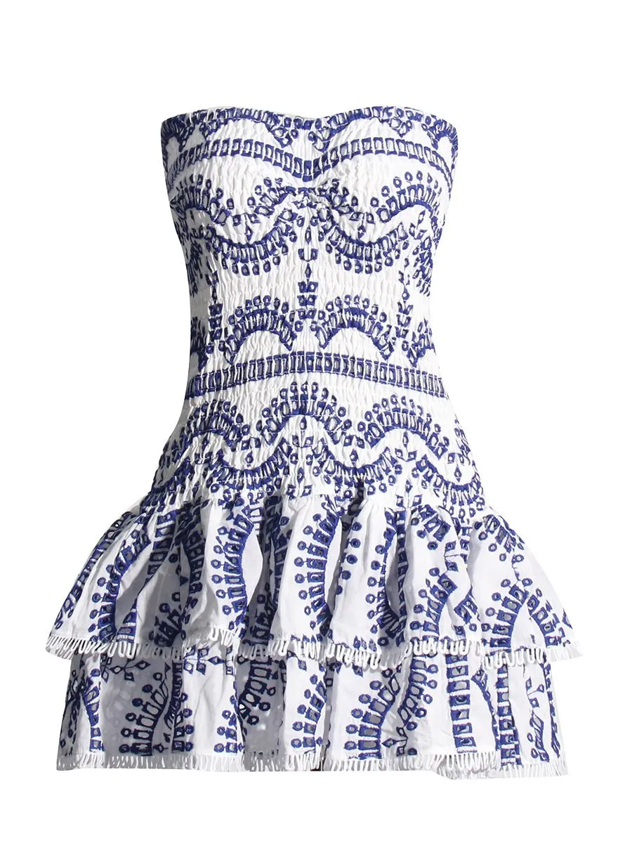 Eyelet Broderie Anglaise Shirred Bandeau Layered Ruffle Short Dress