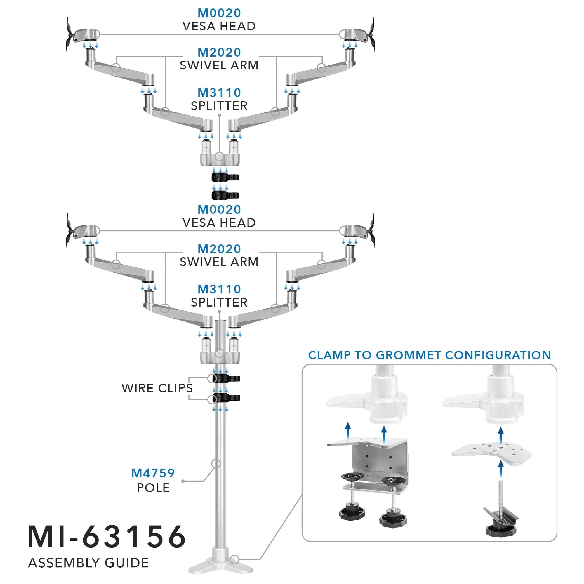 Full Motion Quad Monitor Desk Mount with Clamp and Grommet