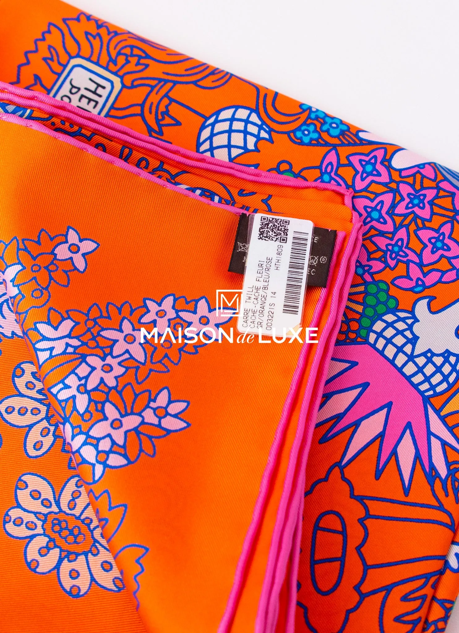 Hermes "Cache-cache Fleuri" Orange Twill Silk 90 cm Scarf