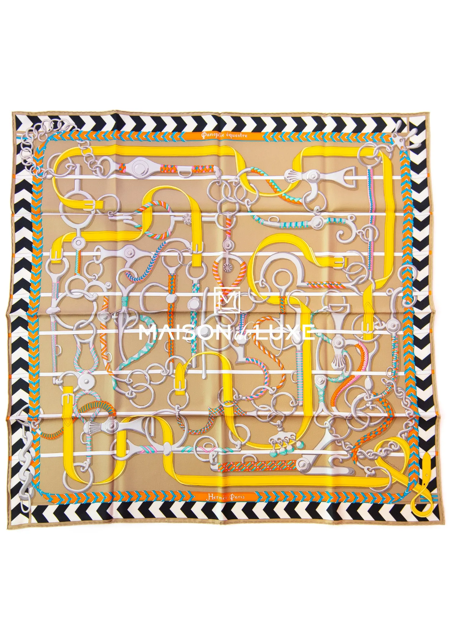 Hermes "Panoplie Equestre" Beige Twill Silk 90 cm Scarf