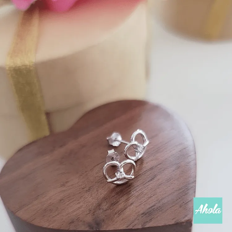 【Love you forever】Platinum Plated Sterling Silver Heart Shape Cubic Zirconia Earring with Wooden Jewelry Box Gift Set  純銀心形鑲鋯石耳環 刻名木製首飾盒禮品盒套裝