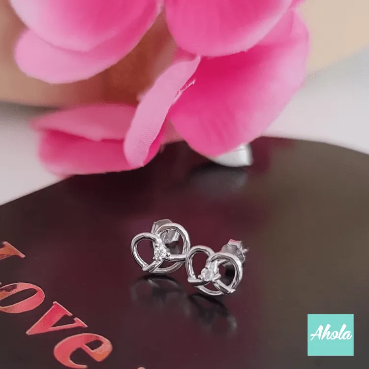 【Love you forever】Platinum Plated Sterling Silver Heart Shape Cubic Zirconia Earring with Wooden Jewelry Box Gift Set  純銀心形鑲鋯石耳環 刻名木製首飾盒禮品盒套裝