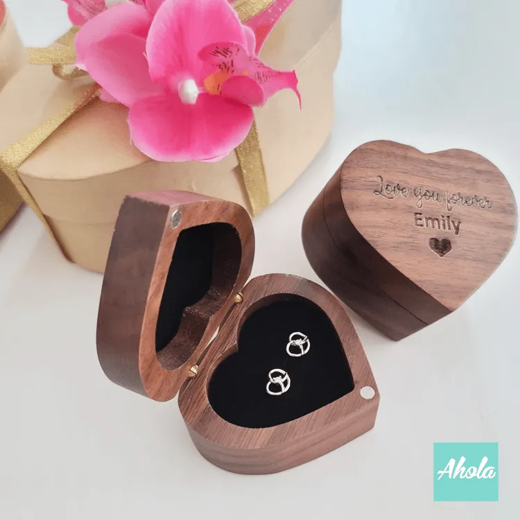 【Love you forever】Platinum Plated Sterling Silver Heart Shape Cubic Zirconia Earring with Wooden Jewelry Box Gift Set  純銀心形鑲鋯石耳環 刻名木製首飾盒禮品盒套裝