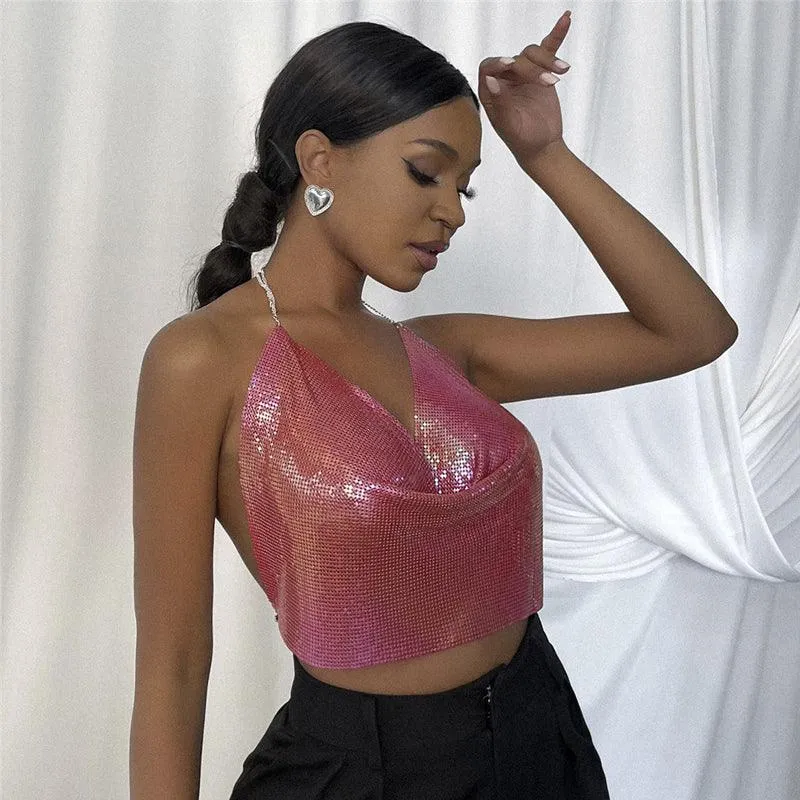 Mesh Metal Top Backless Halter Crop Top Night Club With V-Neck