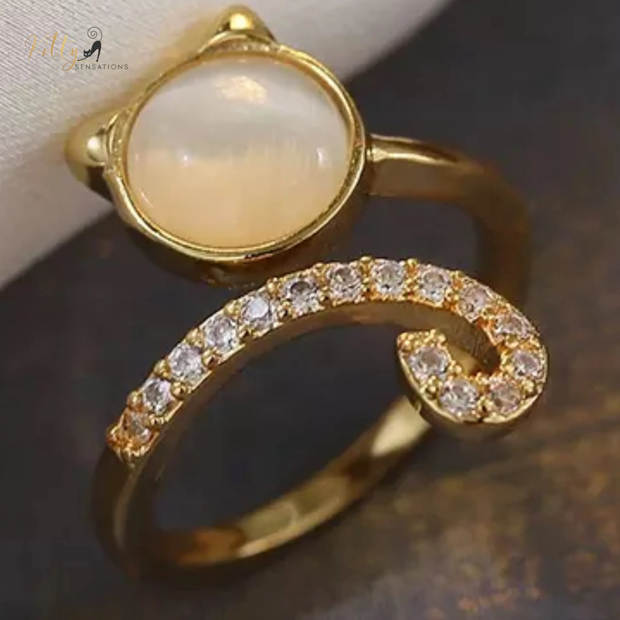 Opal Kitty Face Zircon Kitty Tail Ring - Adjustable (18K Gold Plated)