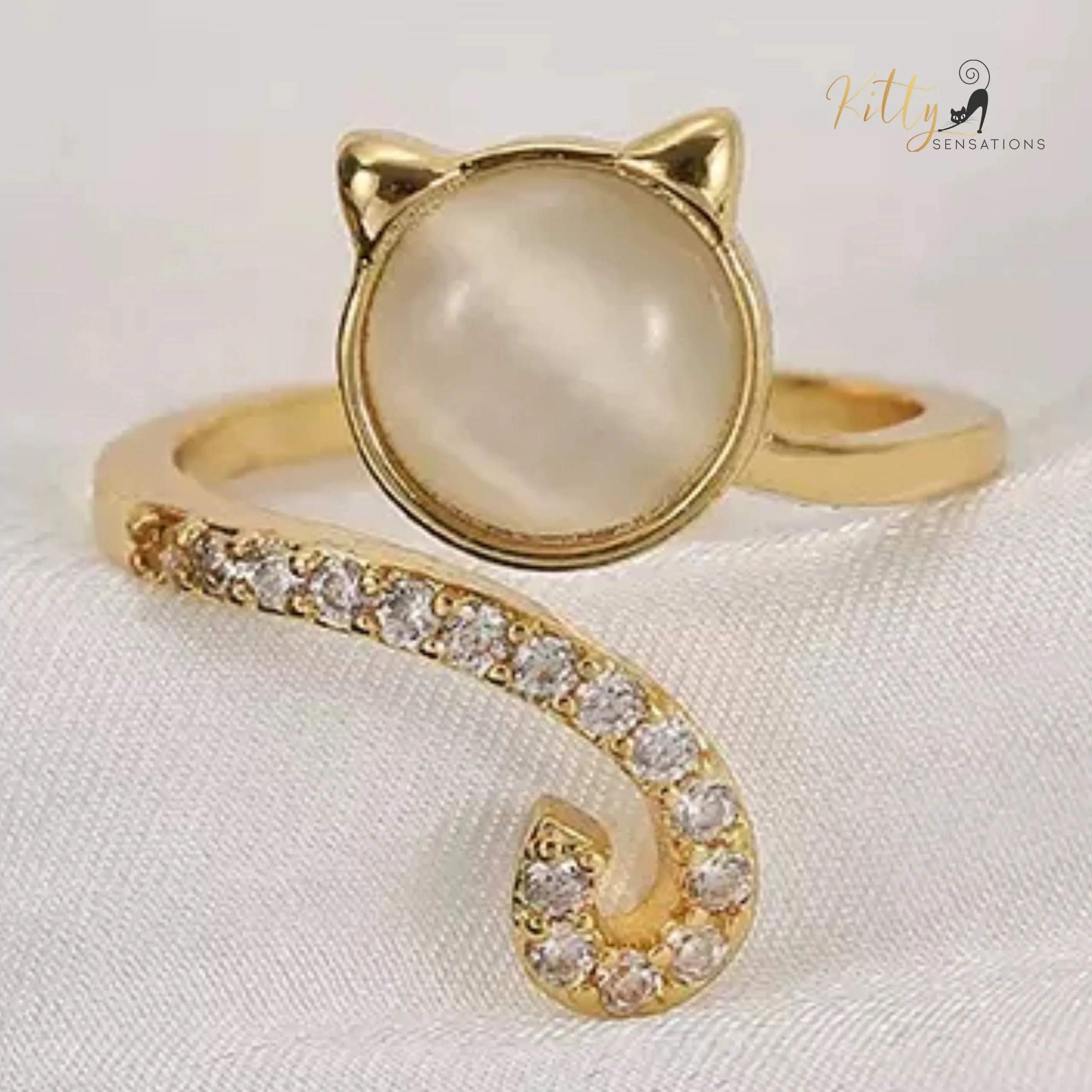 Opal Kitty Face Zircon Kitty Tail Ring - Adjustable (18K Gold Plated)