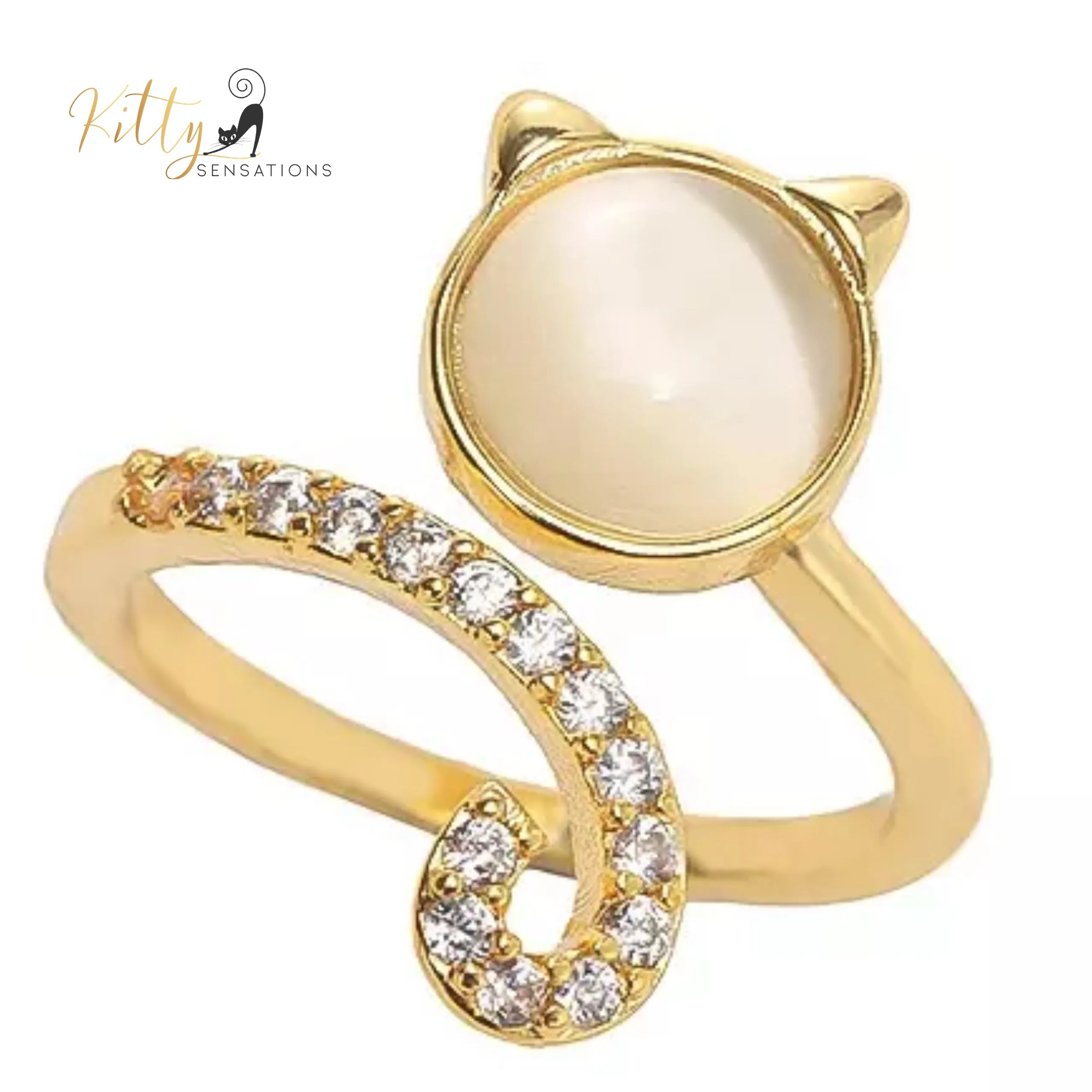 Opal Kitty Face Zircon Kitty Tail Ring - Adjustable (18K Gold Plated)