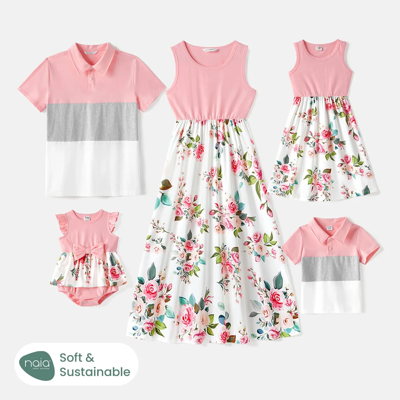 PatPat Family Matching Outfits | 95% Cotton Colorblock Polo Shirts & Floral Naia Spliced Tank Dresses for Summer