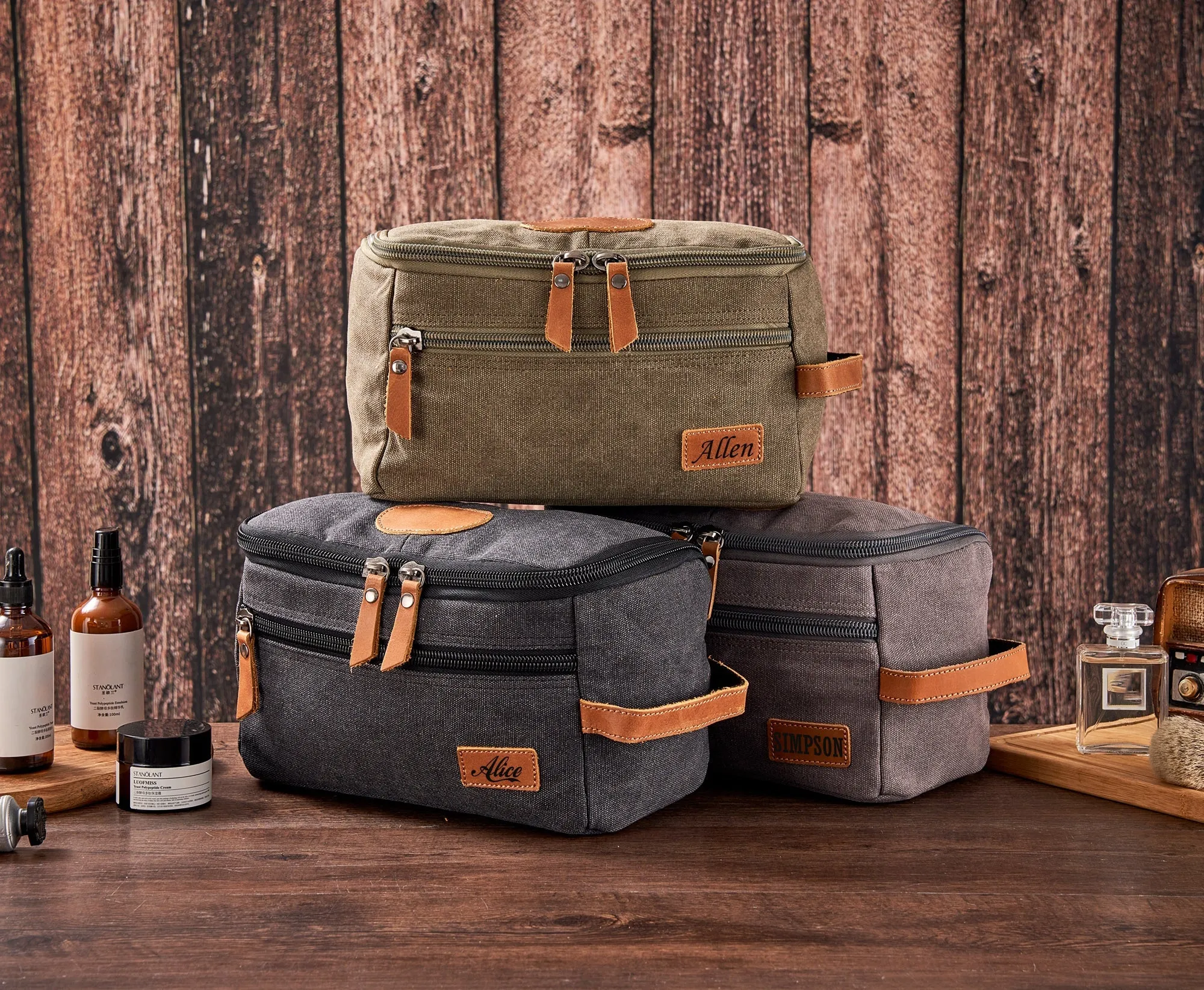 Personalized Men's Toiletry Bags, Canvas and Leather Dopp Kit For Men, Shaving Kit