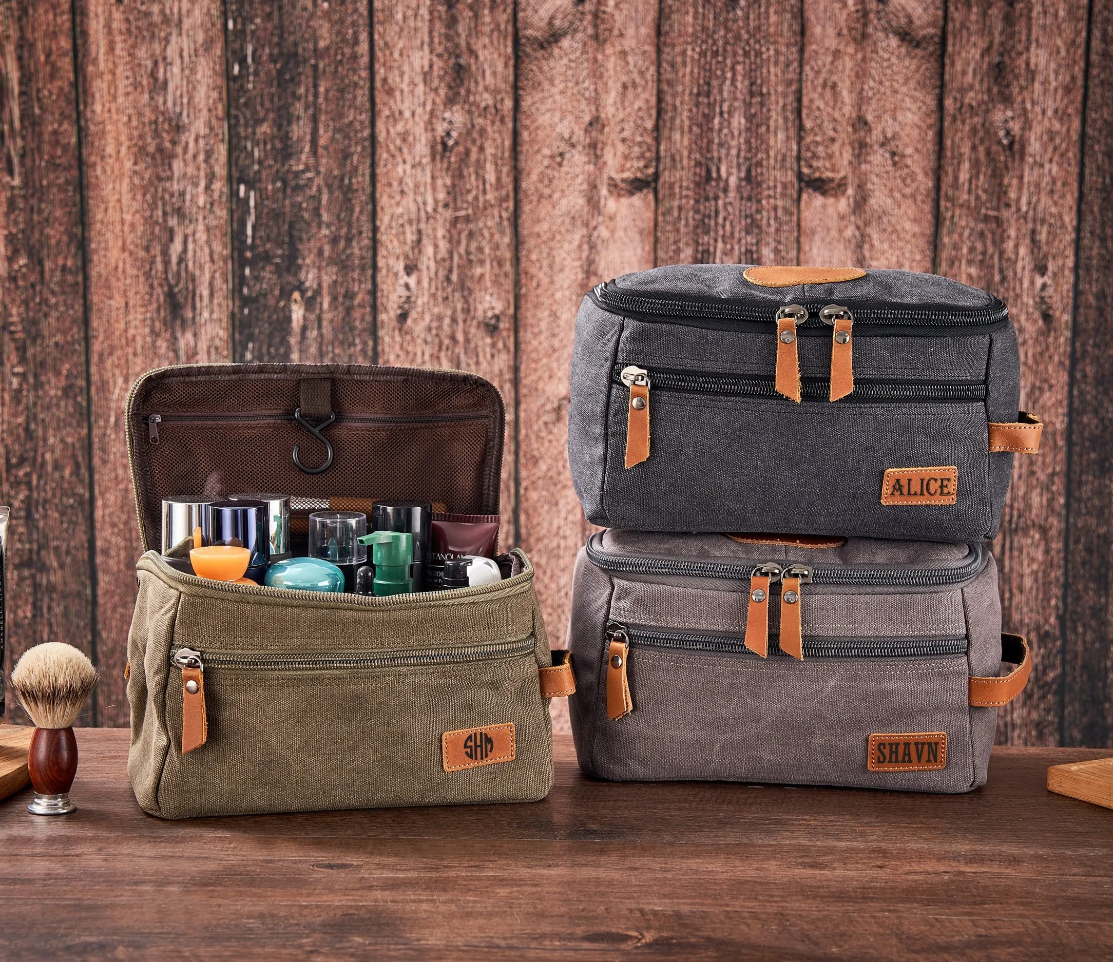 Personalized Men's Toiletry Bags, Canvas and Leather Dopp Kit For Men, Shaving Kit