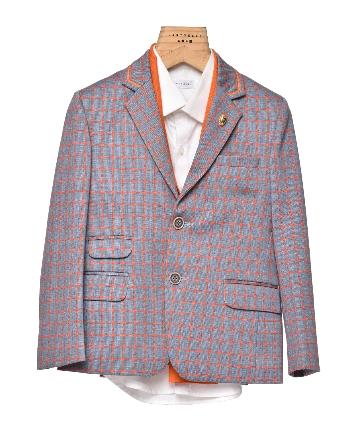 Pre-Order:  Blue Check Suit with Orange Detailing & Orange Stole