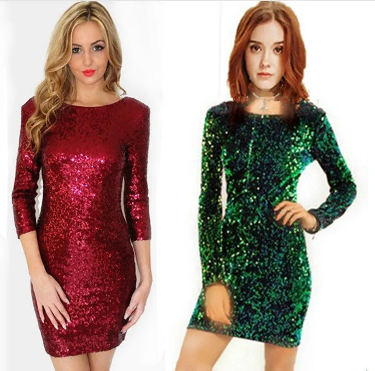 Sparkly Sequin Embellished Long Sleeve Sheath Cocktail Dress