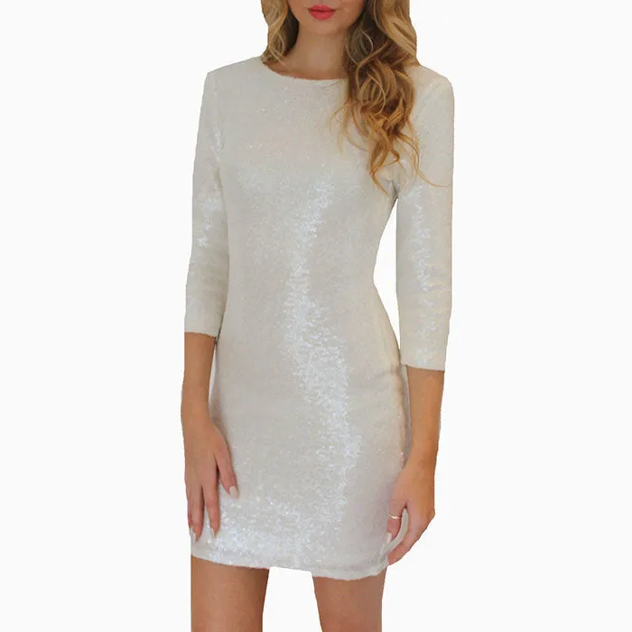 Sparkly Sequin Embellished Long Sleeve Sheath Cocktail Dress