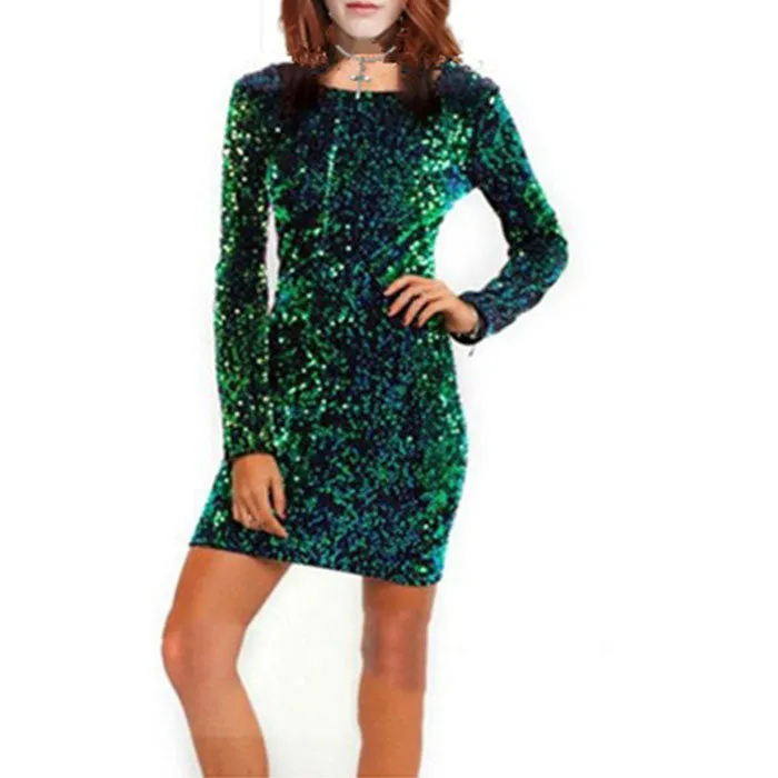 Sparkly Sequin Embellished Long Sleeve Sheath Cocktail Dress