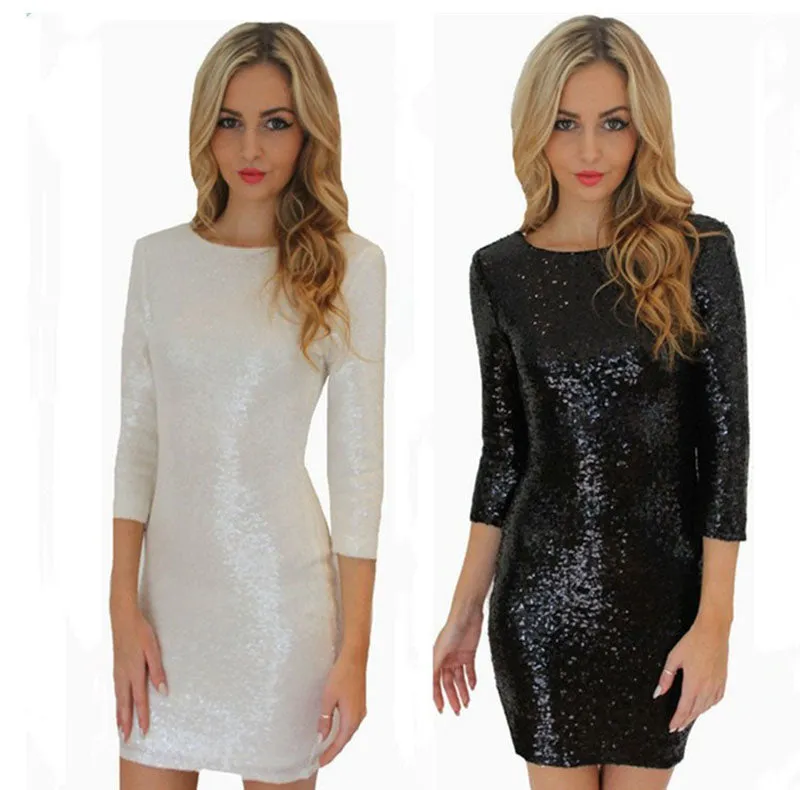 Sparkly Sequin Embellished Long Sleeve Sheath Cocktail Dress