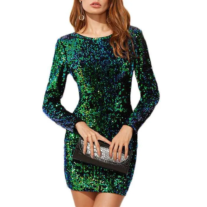 Sparkly Sequin Embellished Long Sleeve Sheath Cocktail Dress