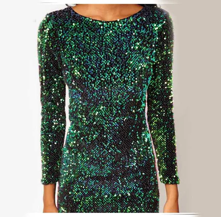 Sparkly Sequin Embellished Long Sleeve Sheath Cocktail Dress